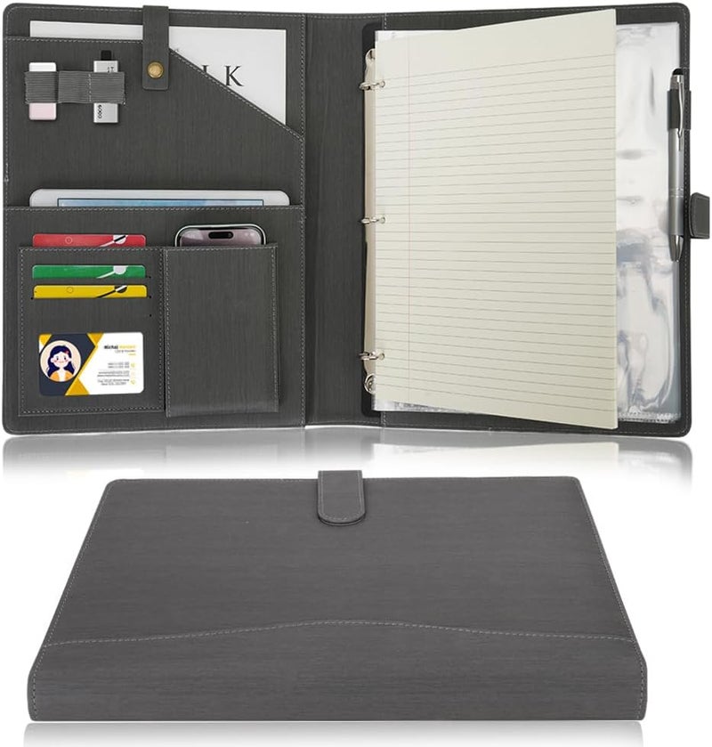 WONDERPOOL A4 PU Leather Portfolio Holder Ring File Document Case with Removable Binder Clipboard, Multi Pocket and Legal Pad for Business Organizer Interview and Meeting (Gray) - Image 1